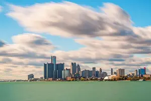Detroit, Michigan, USA downtown city skyline on the Detroit River