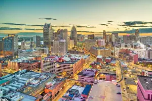 Detroit, Michigan, USA downtown skyline from above at dusk