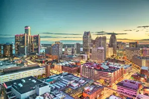 Detroit, Michigan, USA downtown skyline from above at dusk