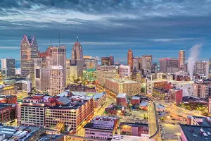 Detroit, Michigan, USA downtown skyline from above at dusk