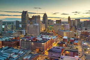 Detroit, Michigan, USA downtown skyline from above at dusk