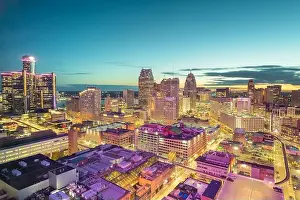 Detroit, Michigan, USA downtown skyline from above at dusk