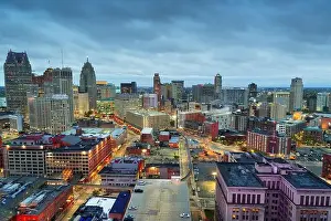 Detroit, Michigan, USA downtown skyline from above at dusk