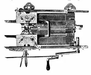 Weaving Prints: Deutsch: Erste Flachstrickmaschine für LL-Bindungen (1900) Čeština