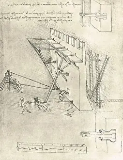 Polymath Prints: Device for repelling scaling ladders, drawn by Leonardo Da Vinci, circa 1475-80