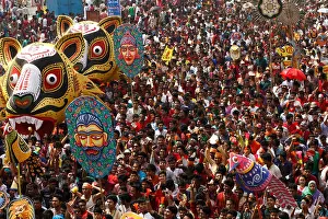 DHAKA, BANGLADESH - APRIL 14: Bangladeshi revelers march during a rally in celebration of the Bengali New Year