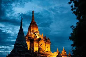Archaeological Sites Prints: Dhammayazika Pagoda Illuminated Golden Spire Dusk Bagan Myanmar / BAGAN