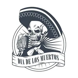 Muertos Prints: dia de los muertos poster with mariachi skull singing with microphone drawing vector illustration design