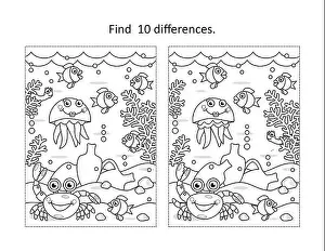 Difference Prints: Find ten differences activity page with underwater life scene and amphorae
