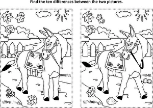 Donkeys Prints: Find the ten differences picture puzzle and coloring page with donkey or burro walking at rural scene