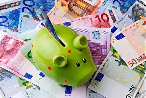 Euros Prints: different Euro bills with piggy bank