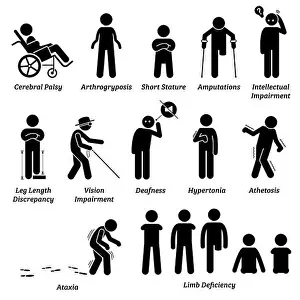 Different type of disabled and handicapped categories stick figures icons. Vector illustrations of people with physical disabilities that include body