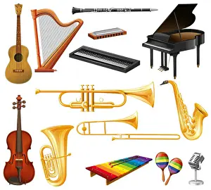 Violin Prints: Different types of musical instruments illustration