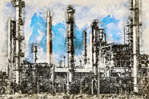 Petroleum Prints: Digital artistic Sketch of an Oil Refinery