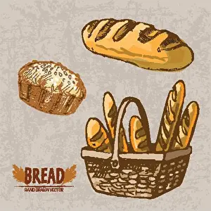 Croissant Prints: Digital color vector detailed line art golden loaf of bread and pie with sesame