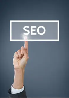 Human Finger Prints: Digital composite of Hand interacting with SEO business text against blue background