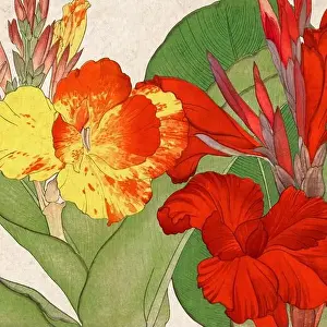 Digital floral design featuring a lively color palette on textured beige