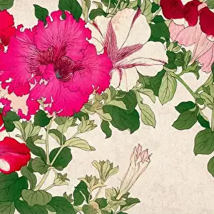 Digital floral design featuring a lively color palette on textured beige