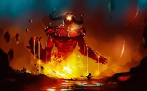 Flames Prints: Digital illustration painting design style a wizard summoning big monster from lava