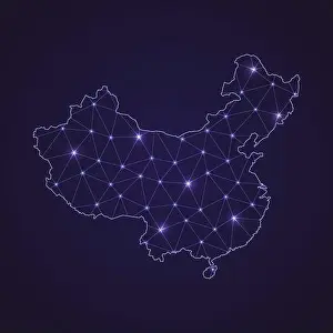 Poly Prints: Digital network map of China. Abstract connect line and dot on dark background