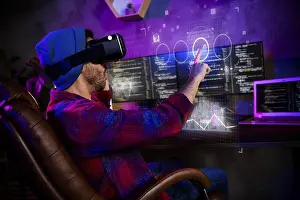 Reality Prints: Digital trend banner poster collage of it developer working on computer software safety system using vr box gadget