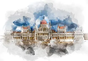 Danube Prints: Digital watercolor painting of a Hungarian Parliament Building. Budapest, Hungary