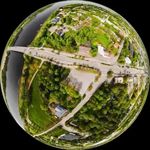 May Road Prints: A three dimensional aerial panoramic view of city Inkeroinen at river Kymijoki, Finland