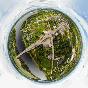 May Road Prints: A three dimensional aerial panoramic view of city Inkeroinen at river Kymijoki, Finland