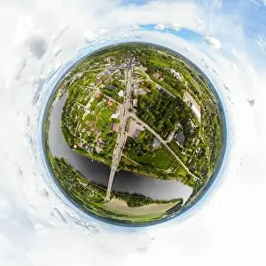 A three dimensional aerial panoramic view of city Inkeroinen at river Kymijoki, Finland