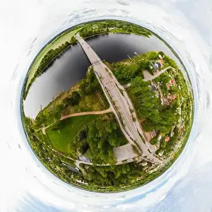 A three dimensional aerial panoramic view of city Inkeroinen at river Kymijoki, Finland
