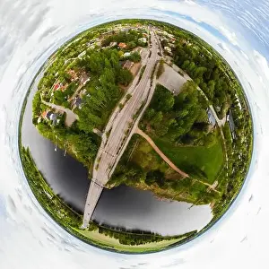 A three dimensional aerial panoramic view of city Inkeroinen at river Kymijoki, Finland