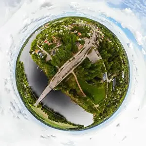 A three dimensional aerial panoramic view of city Inkeroinen at river Kymijoki, Finland