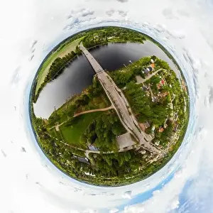 A three dimensional aerial panoramic view of city Inkeroinen at river Kymijoki, Finland