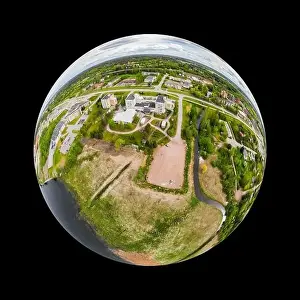 May Road Prints: A three dimensional aerial panoramic view of city Inkeroinen at river Kymijoki, Finland