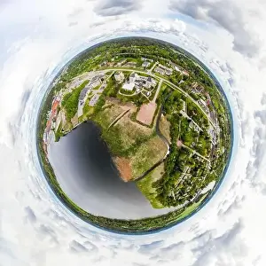 A three dimensional aerial panoramic view of city Inkeroinen at river Kymijoki, Finland