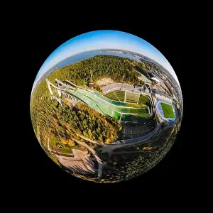 A three dimensional aerial panoramic view of Lahti sports centre with three ski jump towers