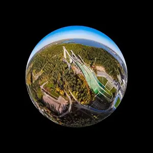 A three dimensional aerial panoramic view of Lahti sports centre with three ski jump towers
