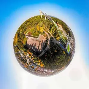 A three dimensional aerial panoramic view of Lahti sports centre with three ski jump towers