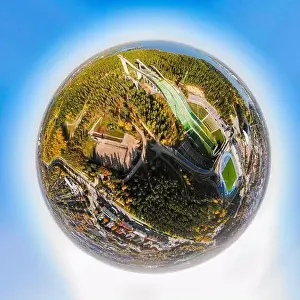 Sky Sport Prints: A three dimensional aerial panoramic view of Lahti sports centre with three ski jump towers