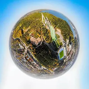 Sky Sport Prints: A three dimensional aerial panoramic view of Lahti sports centre with three ski jump towers