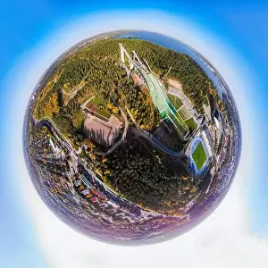 A three dimensional aerial panoramic view of Lahti sports centre with three ski jump towers
