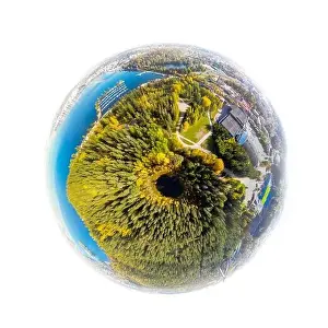 Green Lake Prints: A three dimensional aerial panoramic view of small forest lake Haransilma and harbor on lake Vesijarvi in Lahti