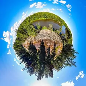 A three dimensional panoramic view of of rapid Ahvionkoski at Kymijoki river, Finland, in a mini planet panorama style