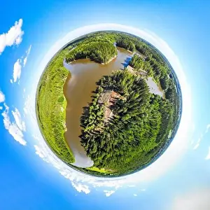 A three dimensional panoramic view of of rapid Ahvionkoski at Kymijoki river, Finland, in a mini planet panorama style