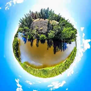 A three dimensional panoramic view of of rapid Ahvionkoski at Kymijoki river, Finland, in a mini planet panorama style