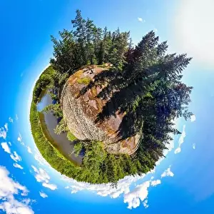 A three dimensional panoramic view of of rapid Ahvionkoski at Kymijoki river, Finland, in a mini planet panorama style