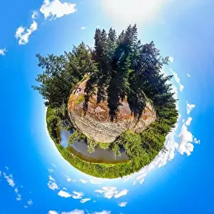A three dimensional panoramic view of of rapid Ahvionkoski at Kymijoki river, Finland, in a mini planet panorama style