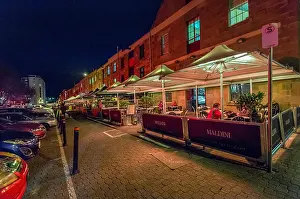Tasmania Prints: Dining out in the evening in the Salamanca market area in Hobart, Tasmania