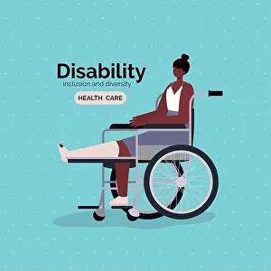 Disability Prints: disability black woman cartoon with leg cast on wheelchair vector design