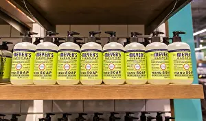 Cleaner Prints: a display of Mrs. Meyer's hand soap bottles on the shelf of a grocery store